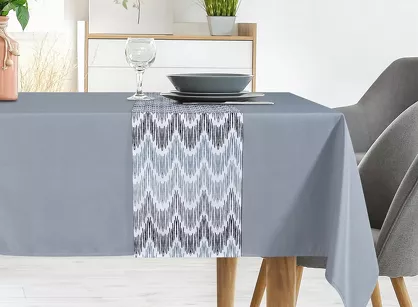 Obrus 140x220 z bieżnikiem 33x220 ANITA 2 popielaty z kontrastowym wzorem botanicznym