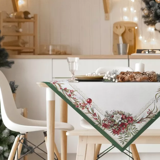 Obrus świąteczny 140x220 4115 gobelinowy z szenili naturalny zielony z gwiazdą betlejemską