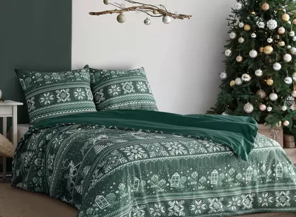 Pościel świąteczna 160x200 CLOVER ciemno zielona biała wzór świąteczny z bawełny renforce