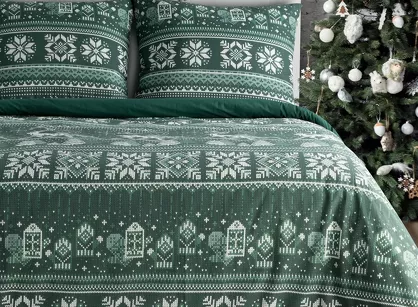 Pościel świąteczna 160x200 CLOVER ciemno zielona biała wzór świąteczny z bawełny renforce