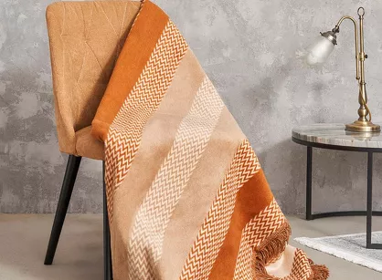 Koc bawełniany 150x200 2144-3 pomarańczowy pasy w zygzaki z frędzlami