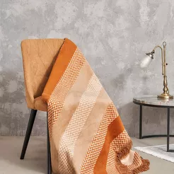 Koc bawełniany 150x200 2144-3 pomarańczowy pasy w zygzaki z frędzlami