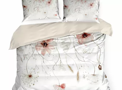 Pościel z satyny 160x200 PREMIUM 24 biała z wzorem różowych kwiatów z kolekcji Premium