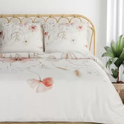 Pościel z satyny 160x200 PREMIUM 24 biała z wzorem różowych kwiatów z kolekcji Premium