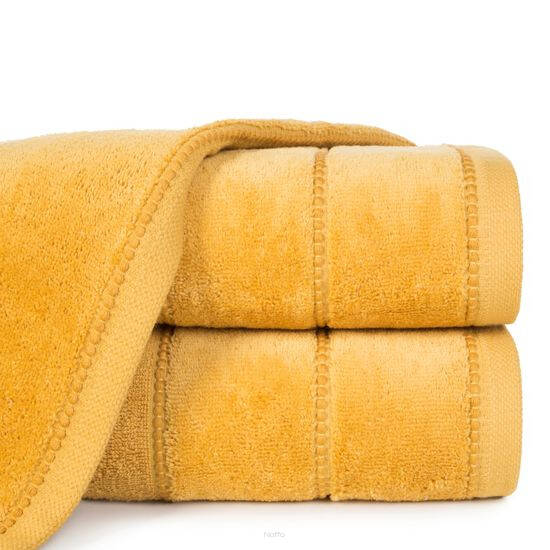 Ręcznik bawełniany 70x140 MARI musztardowy z welurową bordiurą w pasy