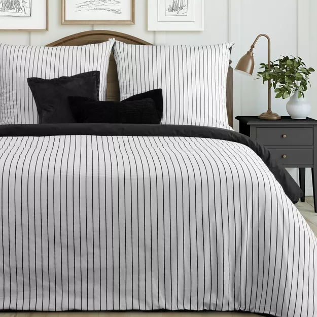 Pościel satynowa 220x200 RAYA biała czarna w paseczki