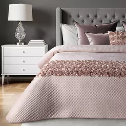 Narzuta welwetowa 220x240 ROSES Eva Minge pudrowa z pasem róż 3D