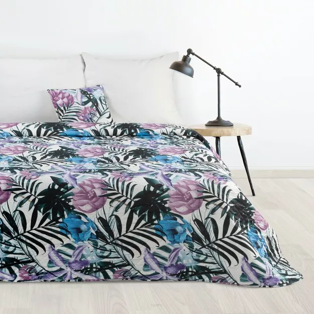 Narzuta pikowana 200x220 MALIBU biała z nadrukiem ciemno zielonych egzotycznych liści Design 91