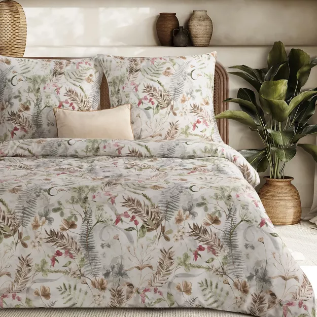 Pościel satynowa 140x200 SPRING 47 biała z brązowym wzorem roślinnym