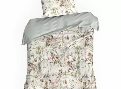 Pościel satynowa 140x200 SPRING 47 biała z brązowym wzorem roślinnym