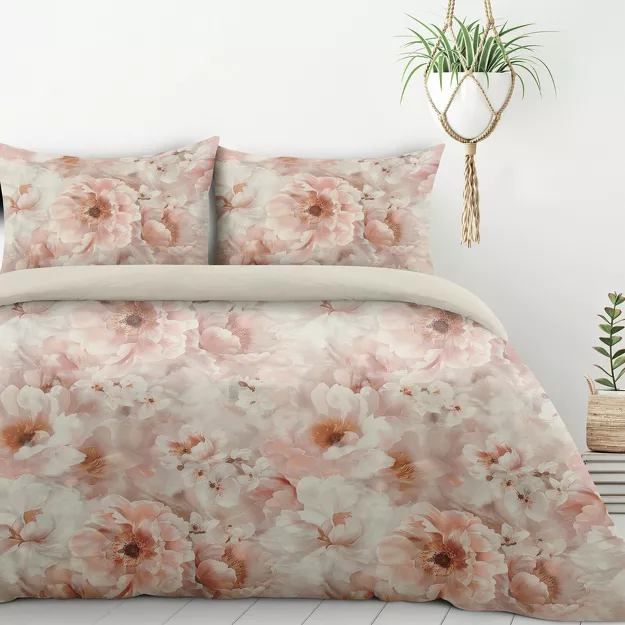 Pościel z mikrowłókna 140x200 FLORINA beżowa pudrowy róż nadruk kwiatowy Design 91