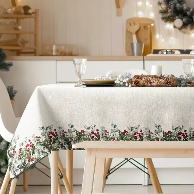 Obrus świąteczny 140x180 4153 gobelinowy z szenili naturalny zielony świąteczny wzór