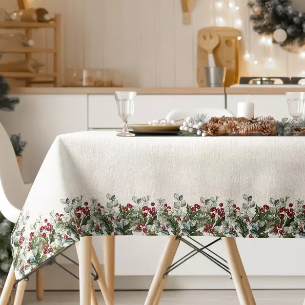 Obrus świąteczny 140x180 4153 gobelinowy z szenili naturalny zielony świąteczny wzór