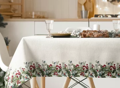 Obrus świąteczny 140x180 4153 gobelinowy z szenili naturalny zielony świąteczny wzór