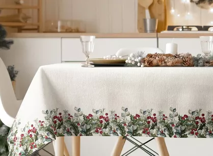 Obrus świąteczny 140x180 4153 gobelinowy z szenili naturalny zielony świąteczny wzór