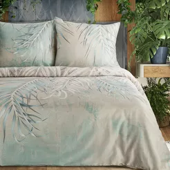 Pościel z satyny 160x200 PREMIUM 26 beżowa z wzorem miętowych liści palm z kolekcji Premium