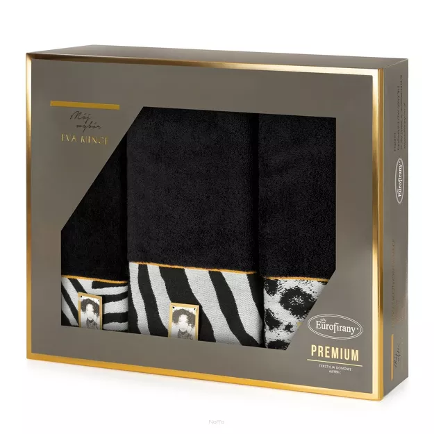 Komplet Ręczników EVA 22 Eva Minge czarne z drukowaną bordiurą z wzorem zwierzęcym panterki 500 g/m2