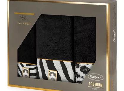 Komplet ręczników EVA 22 Eva Minge czarne z drukowaną bordiurą z wzorem zwierzęcym panterki