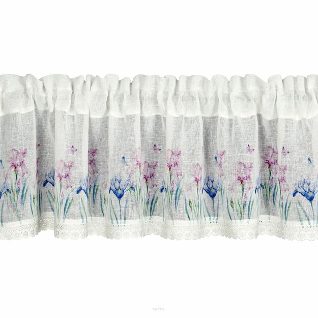 Zazdrostka w tunelu 150x30 DOLOREZ biała z etaminy zdobiona koronką z nadrukiem różowych kwiatów