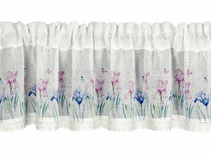 Zazdrostka w tunelu 150x30 DOLOREZ biała z etaminy zdobiona koronką z nadrukiem różowych kwiatów