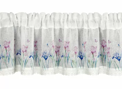 Zazdrostka w tunelu 150x30 DOLOREZ biała z etaminy zdobiona koronką z nadrukiem różowych kwiatów