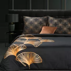 Pościel z makosatyny 160x200 VICTORI 10 czarna ze złotym nadrukiem liści miłorzębu Limited Collection