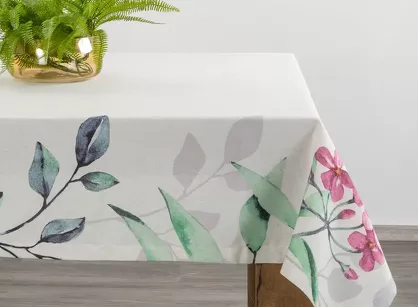 Obrus płócienny 140x280 NATU 7 biały z dodatkiem lnu z nadrukiem kwiatowym