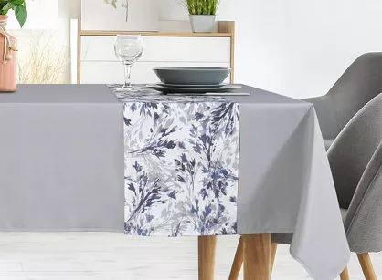 Obrus 140x180 z bieżnikiem 33x180 ANITA 3 jasny szary z kontrastowym wzorem botanicznym