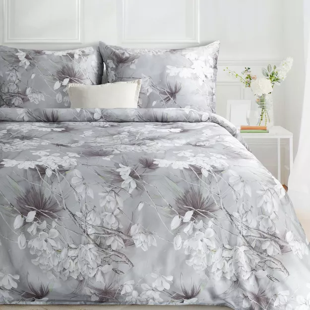 Pościel z makosatyny 160x200 PREMIUM 31 biała jasny popiel kwiatowy wzór Premium