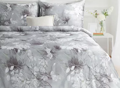 Pościel z makosatyny 160x200 PREMIUM 31 biała jasny popiel kwiatowy wzór Premium