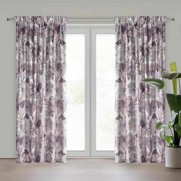 Zasłona na taśmie 140x270 DAVOS 2 welwetowa złoty nadruk egzotycznych liści