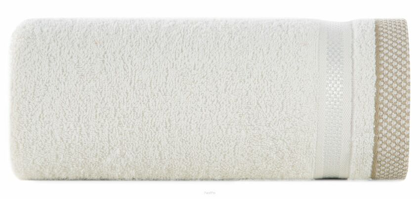 Ręcznik 70x140 ABBIE kremowy z żakardową błyszczącą bordiurą w pasy z delikatną krateczką 500 g/m2