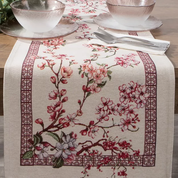 Bieżnik gobelinowy 45x140 THAI naturalny różowy wzór kwiatu wiśni