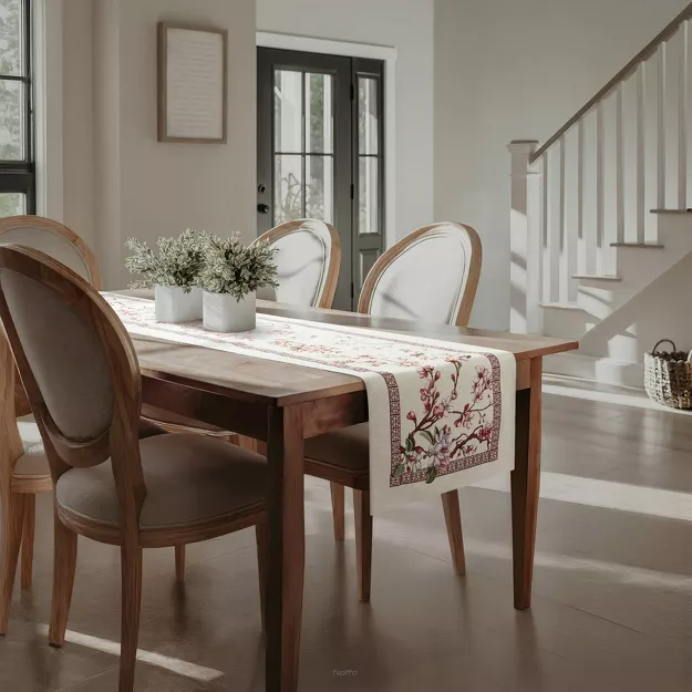 Bieżnik gobelinowy 45x140 THAI naturalny różowy wzór kwiatu wiśni