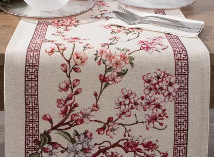 Bieżnik gobelinowy 45x140 THAI naturalny różowy wzór kwiatu wiśni