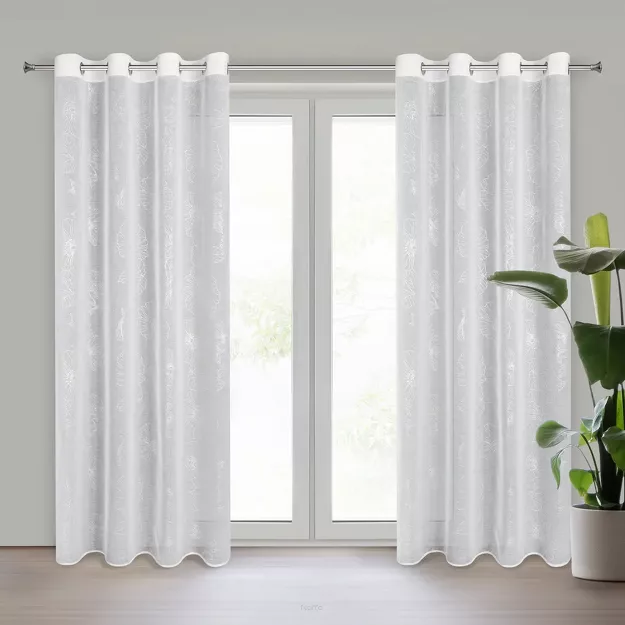 Zasłona na przelotkach 140x250 SAGI biała z etaminy zdobiona gumowym wzorem srebrnych kwiatów