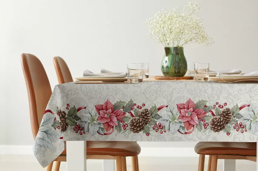 Obrus świąteczny 140x180 1198 gobelinowy srebrzysty z gwiazdką betlejemską i połyskującą srebrną nicią