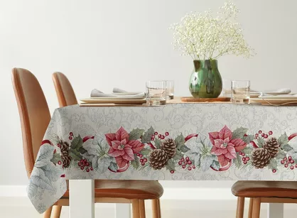 Obrus świąteczny 140x180 1198 gobelinowy srebrzysty z gwiazdką betlejemską i połyskującą srebrną nicią