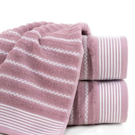 Ręcznik bawełniany 70x140 LEO liliowy z wyrazistą bordiurą w pasy Design 91