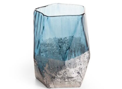 Wazon dekoracyjny szklany fi 13x18 NESSA 4 niebieski srebrny wykonany ręcznie z barwionego szkła