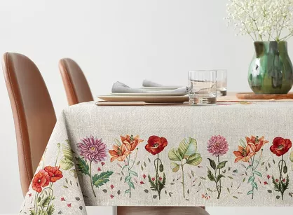 Obrus gobelinowy 140x180 1239 popielaty z wzorem kwiatów polnych