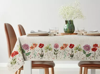 Obrus gobelinowy 140x180 1239 popielaty z wzorem kwiatów polnych