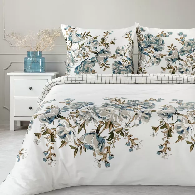 Pościel satynowa 220x200 SPRING 40 biała turkusowa z nadrukiem roślinnym