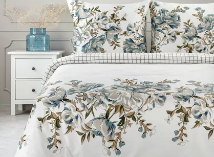 Pościel satynowa 220x200 SPRING 40 biała turkusowa z nadrukiem roślinnym