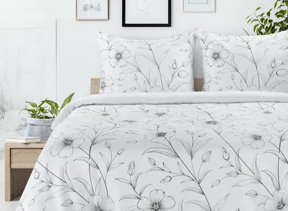 Pościel satynowa 160x200 SPRING 64 biała z czarnym wzorem roślinnym z kolekcji Classic