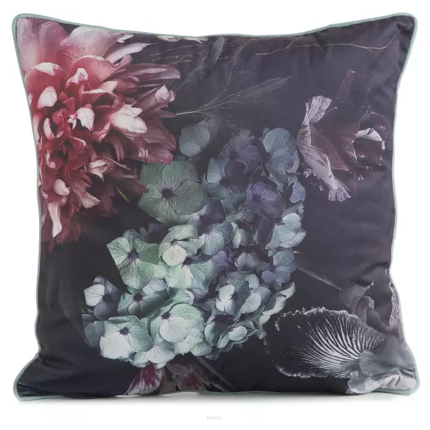 Poszewka welwetowa 45x45 VELVET 131 bordowa z designerskim zielonym wzorem kwiatowym obszyta lamówką