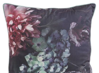 Poszewka welwetowa 45x45 VELVET 131 bordowa z designerskim zielonym wzorem kwiatowym obszyta lamówką