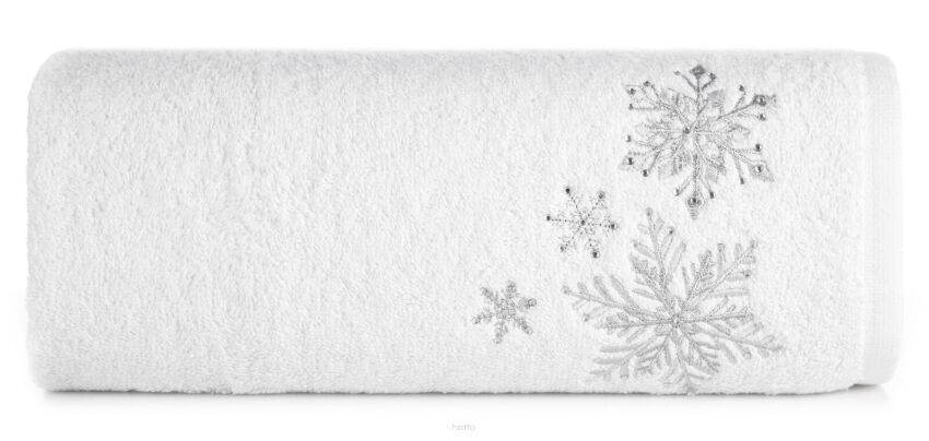 Ręcznik świąteczny 50x90 SANTA 13 biały w śnieżynki srebrne