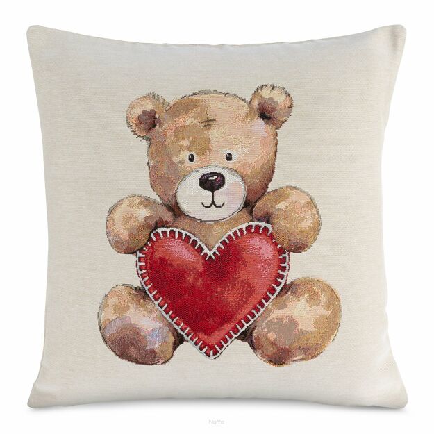 Poszewka świąteczna 45x45 6028 gobelinowa naturalna z wzorem misia z serduszkiem
