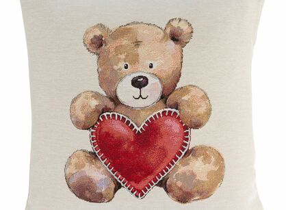 Poszewka świąteczna 45x45 6028 gobelinowa naturalna z wzorem misia z serduszkiem